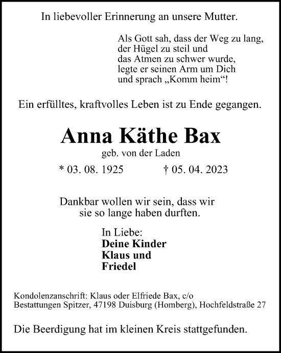 Traueranzeige von Anna Käthe Bax von Tageszeitung