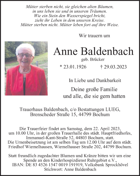 Traueranzeige von Anne Baldenbach von Tageszeitung