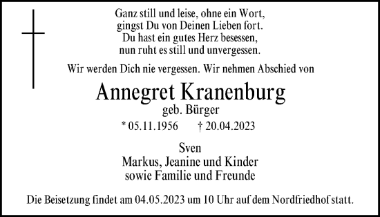 Traueranzeige von Annegret Kranenburg von Tageszeitung