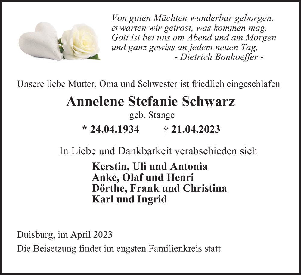  Traueranzeige für Annelene Stefanie Schwarz vom 29.04.2023 aus Tageszeitung