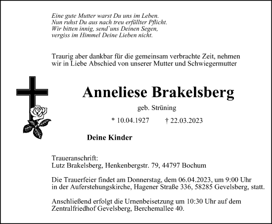 Traueranzeige von Anneliese Brakelsberg von Tageszeitung