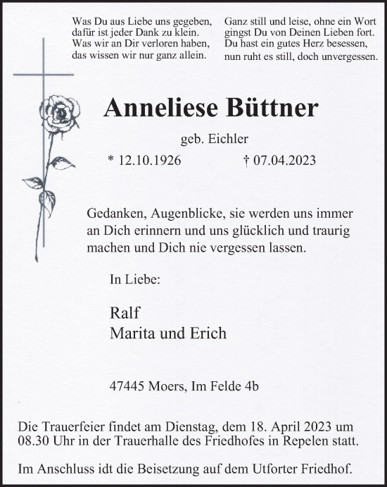 Traueranzeige von Anneliese Büttner von Tageszeitung