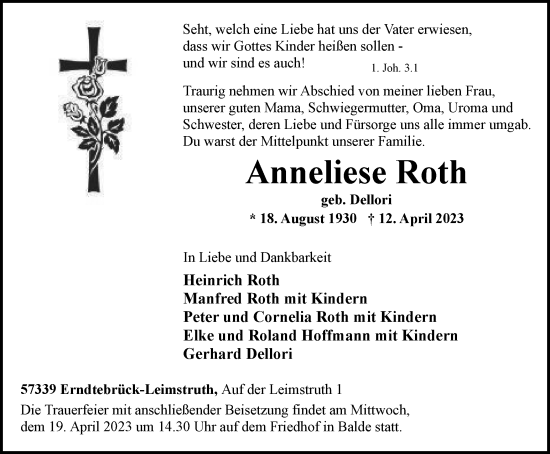 Traueranzeige von Anneliese Roth von Tageszeitung