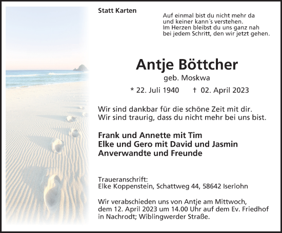 Traueranzeige von Antje Böttcher von Tageszeitung