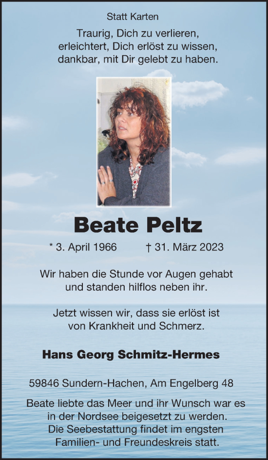 Traueranzeige von Beate Peltz von Tageszeitung