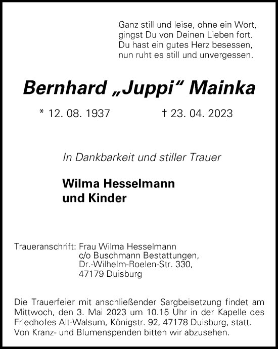 Traueranzeige von Bernhard  Mainka von Tageszeitung