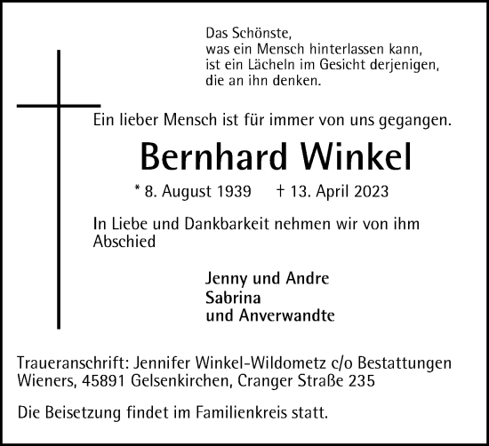 Traueranzeige von Bernhard Winkel von Tageszeitung