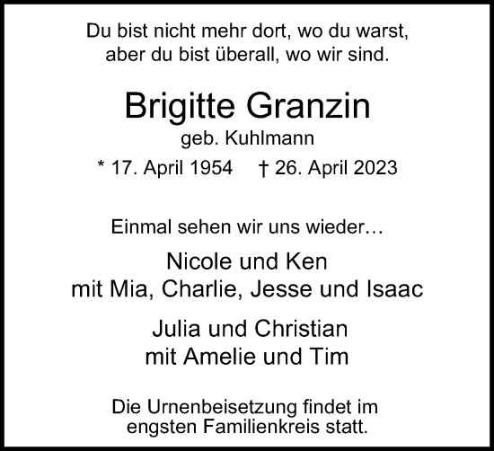 Traueranzeige von Brigitte Granzin von Tageszeitung