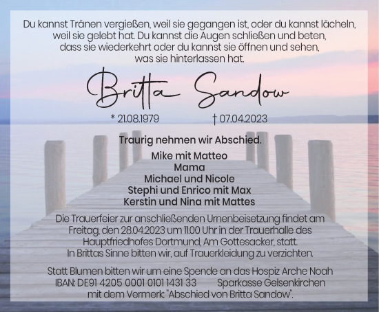 Traueranzeige von Britta Sandow von Tageszeitung