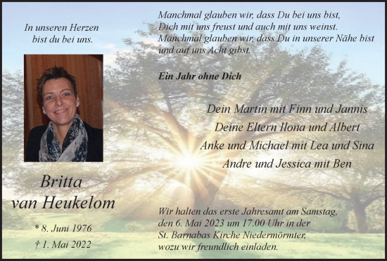 Traueranzeige von Britta van Heukelom von Tageszeitung
