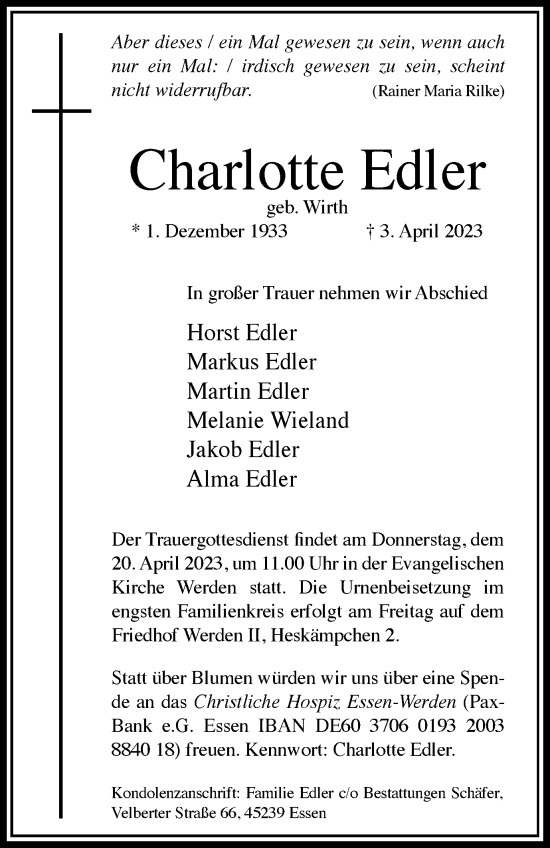 Traueranzeige von Charlotte Edler von Tageszeitung
