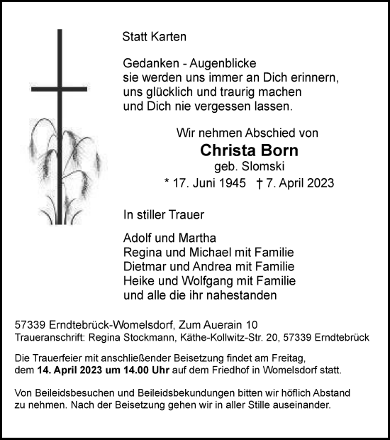Traueranzeige von Christa Born von Tageszeitung