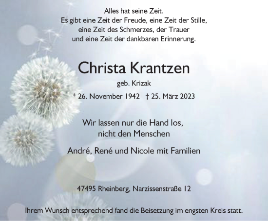 Traueranzeige von Christa Krantzen von Tageszeitung