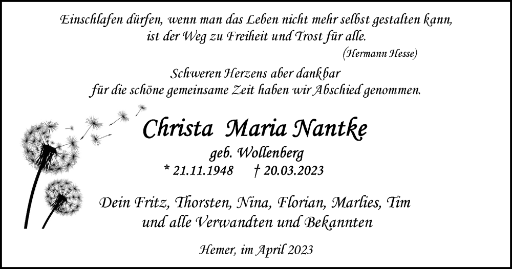  Traueranzeige für Christa Maria Nantke vom 01.04.2023 aus Tageszeitung
