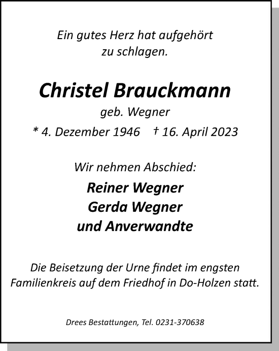 Traueranzeige von Christel Brauckmann von Tageszeitung