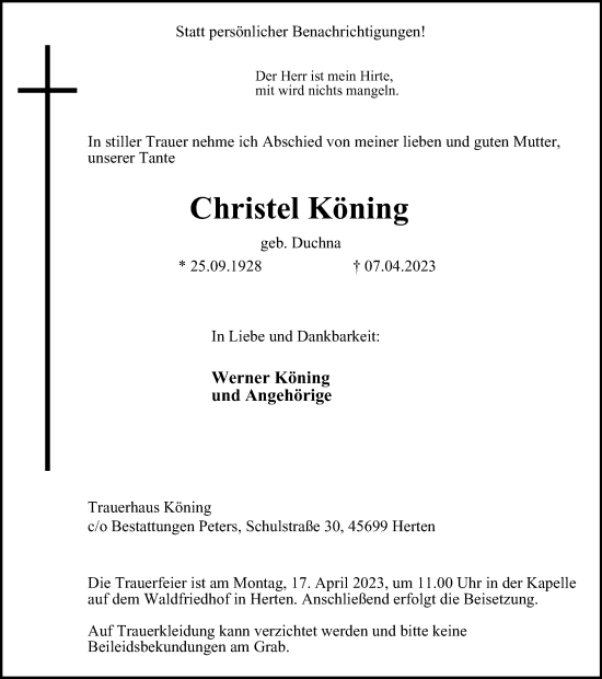 Traueranzeige von Christel Köning von Tageszeitung