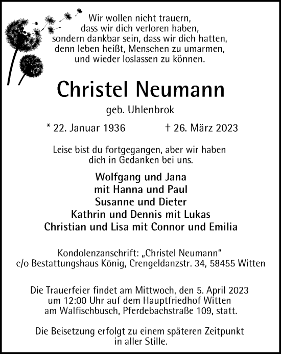 Traueranzeige von Christel Neumann von Tageszeitung