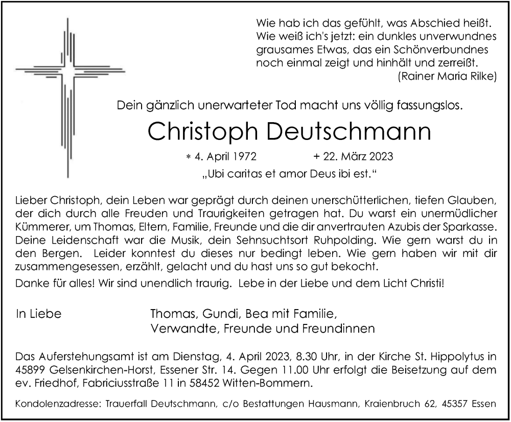  Traueranzeige für Christoph Deutschmann vom 01.04.2023 aus Tageszeitung