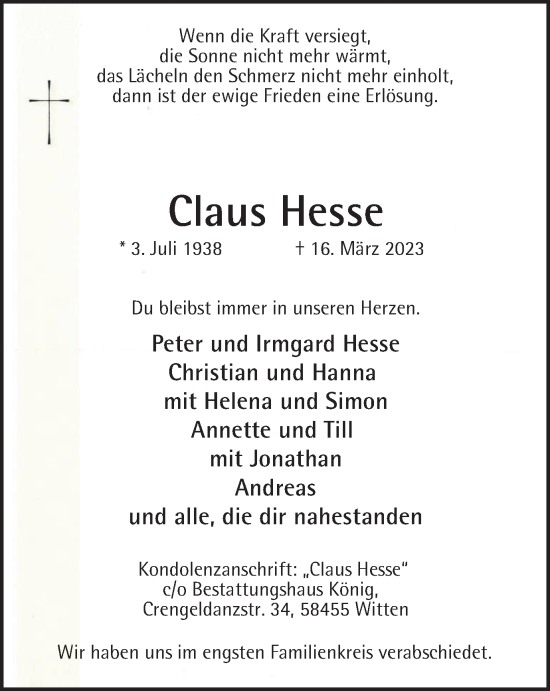 Traueranzeige von Claus Hesse von Tageszeitung