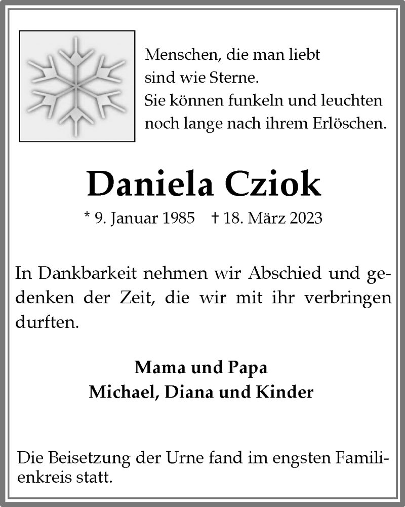  Traueranzeige für Daniela Cziok vom 29.04.2023 aus Tageszeitung