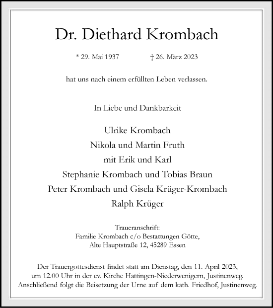 Traueranzeige von Diethard Krombach von Tageszeitung