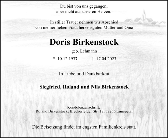 Traueranzeige von Doris Birkenstock von Tageszeitung