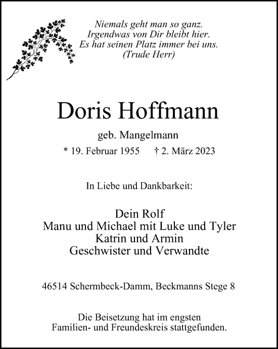 Traueranzeige von Doris Hoffmann von Tageszeitung