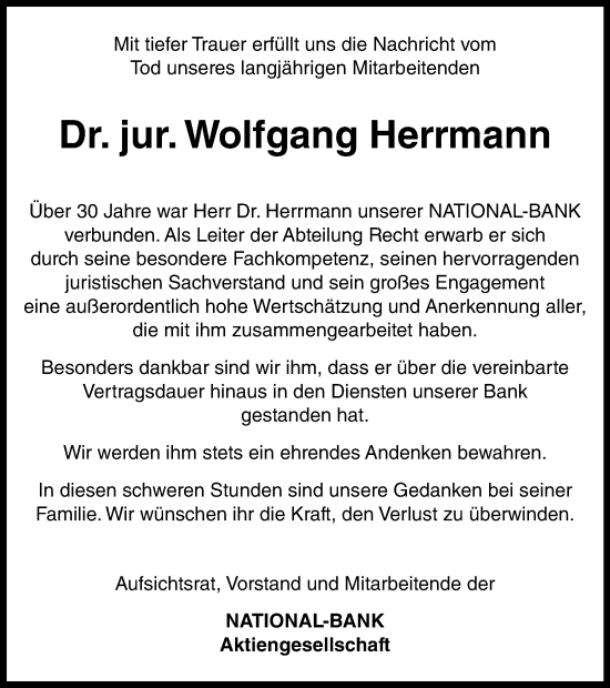 Traueranzeige von Dr. jur. Wolfgang Herrmann von Tageszeitung
