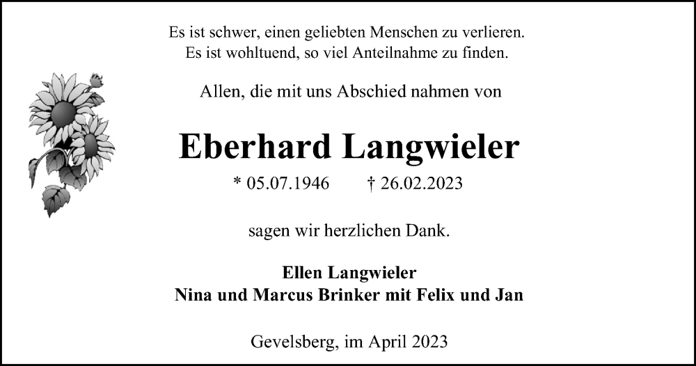  Traueranzeige für Eberhard Langwieler vom 01.04.2023 aus Tageszeitung