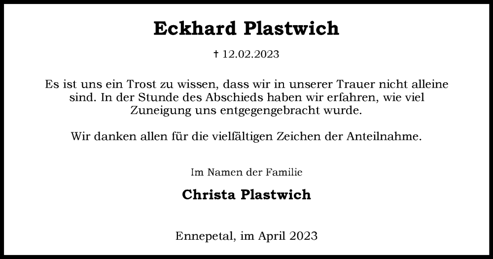  Traueranzeige für Eckhard Plastwich vom 08.04.2023 aus Tageszeitung