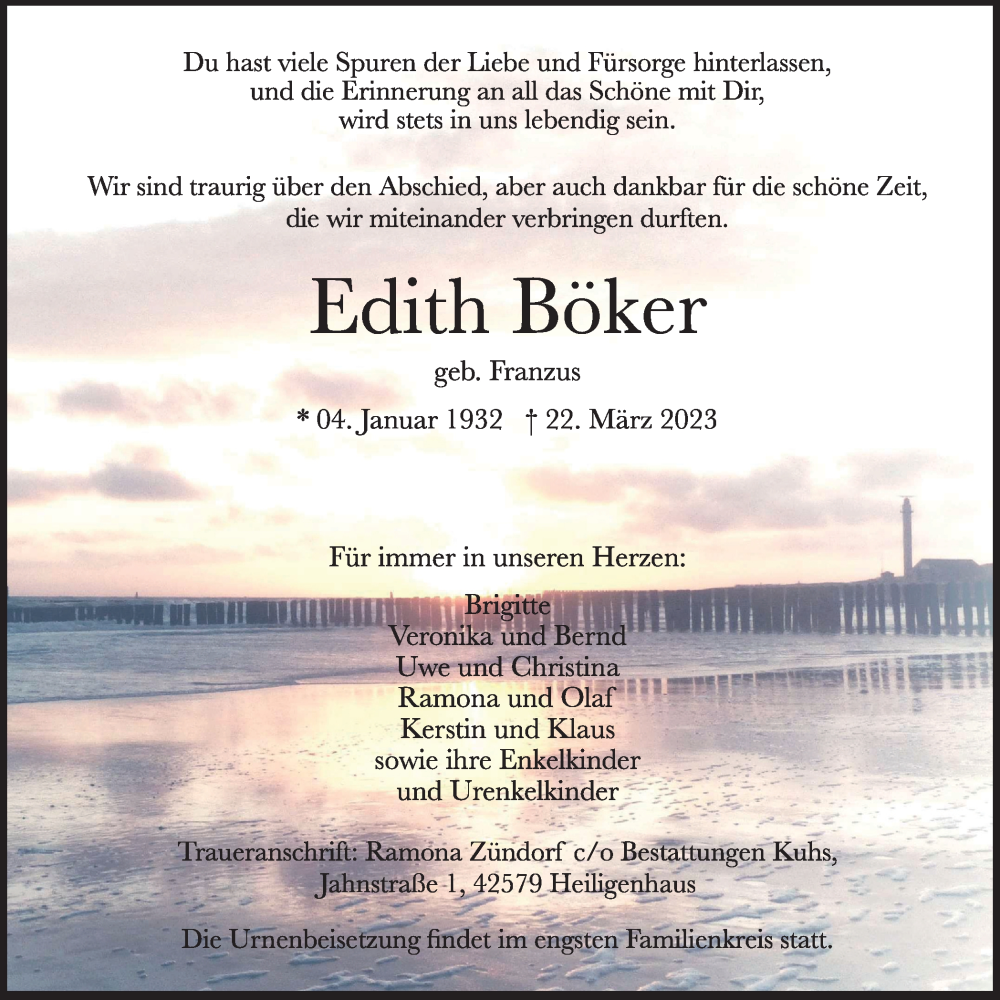  Traueranzeige für Edith Böker vom 15.04.2023 aus Tageszeitung