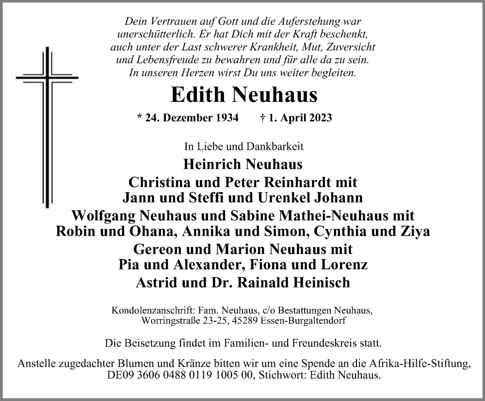  Traueranzeige für Edith Neuhaus vom 15.04.2023 aus Tageszeitung