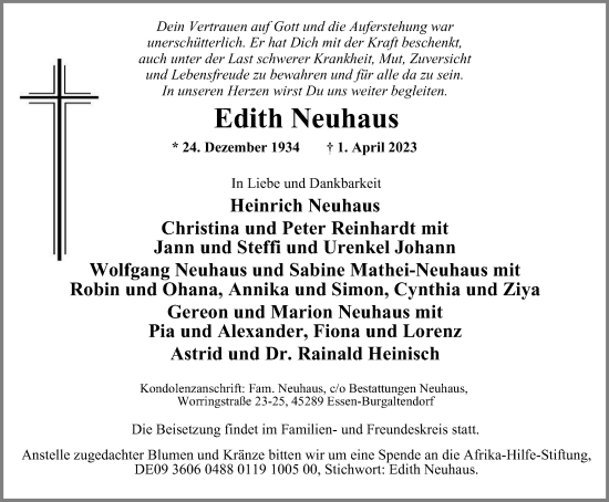Traueranzeige von Edith Neuhaus von Tageszeitung