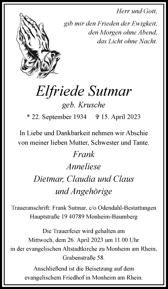  Traueranzeige für Elfriede Sutmar vom 22.04.2023 aus Tageszeitung