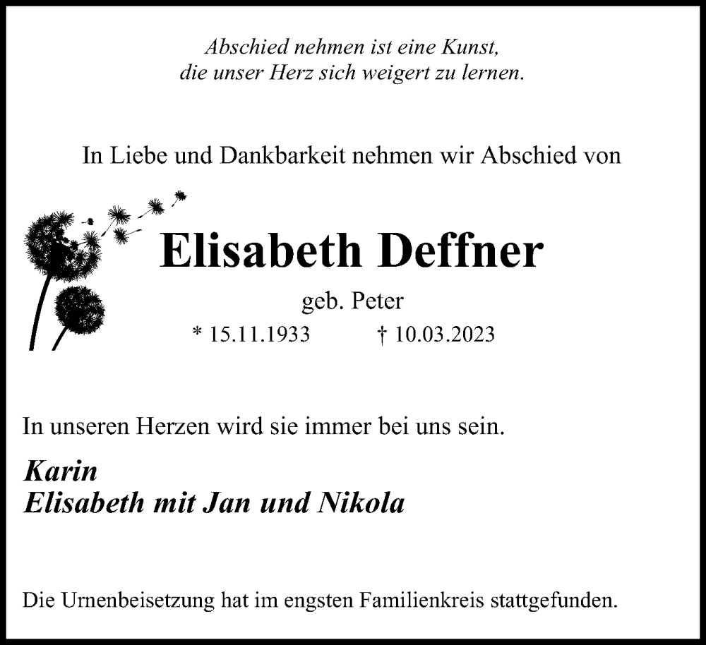  Traueranzeige für Elisabeth Deffner vom 15.04.2023 aus Tageszeitung