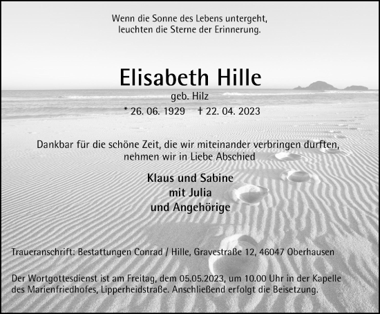 Traueranzeige von Elisabeth Hille von Tageszeitung
