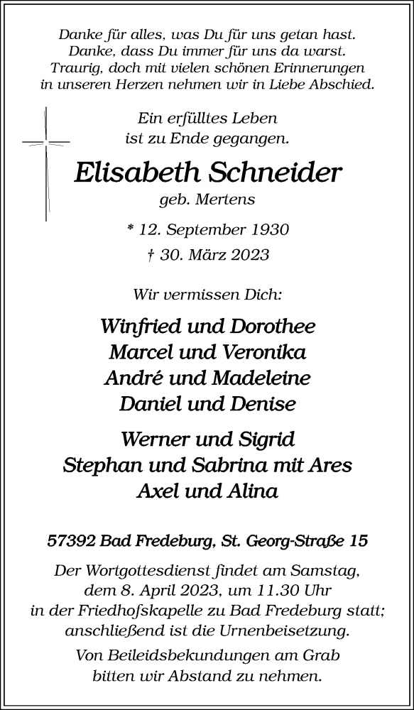  Traueranzeige für Elisabeth Schneider vom 05.04.2023 aus Tageszeitung