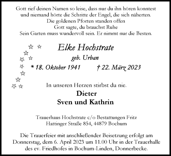 Traueranzeige von Elke Hochstrate von Tageszeitung