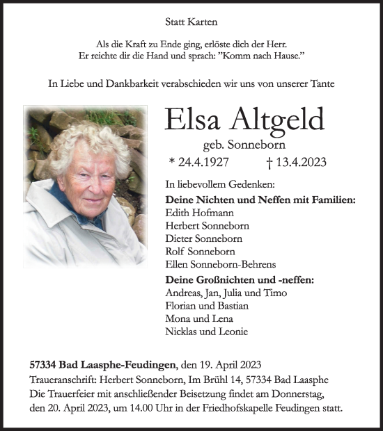 Traueranzeige von Elsa Altgeld von Tageszeitung
