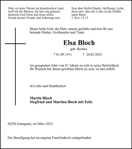 Traueranzeige von Elsa Bloch von Tageszeitung