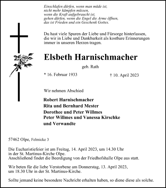 Traueranzeige von Elsbeth Harnischmacher von Tageszeitung