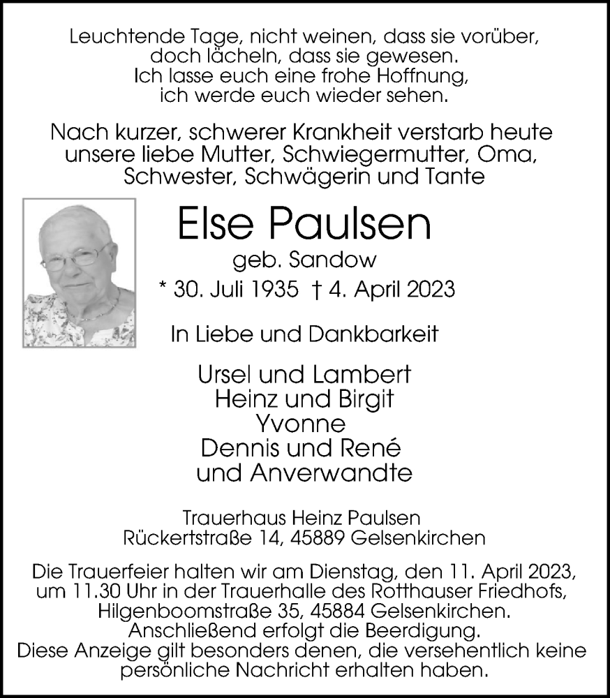  Traueranzeige für Else Paulsen vom 08.04.2023 aus Tageszeitung