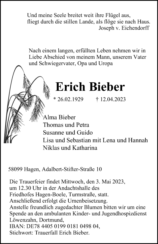 Traueranzeige von Erich Bieber von Tageszeitung