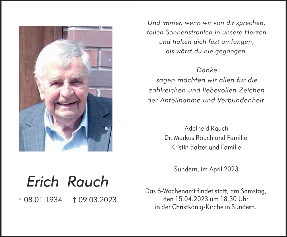  Traueranzeige für Erich Rauch vom 08.04.2023 aus Tageszeitung