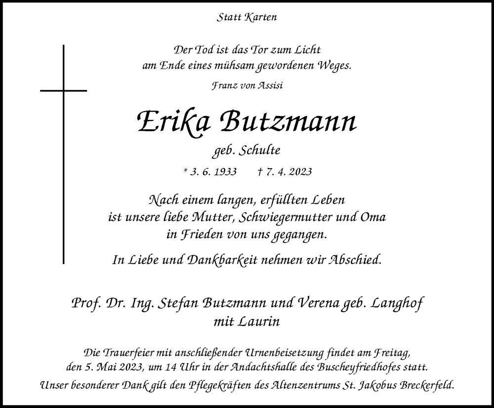  Traueranzeige für Erika Butzmann vom 22.04.2023 aus Tageszeitung