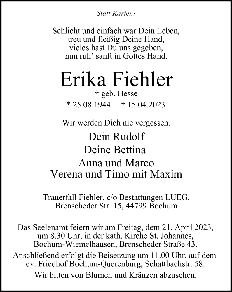  Traueranzeige für Erika Fiehler vom 19.04.2023 aus Tageszeitung