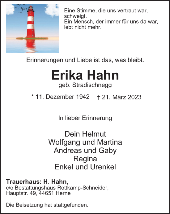 Traueranzeige von Erika Hahn von Tageszeitung