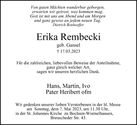 Traueranzeige von Erika Rembecki von Tageszeitung