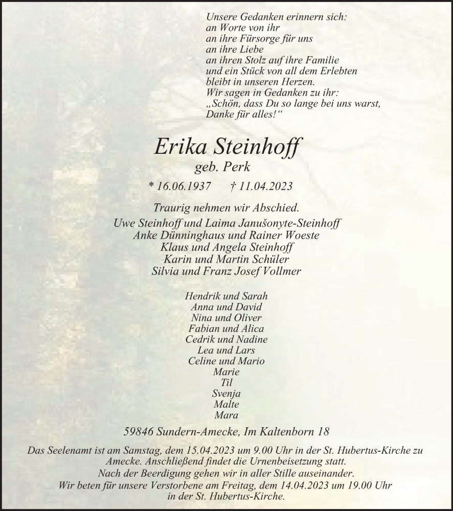  Traueranzeige für Erika Steinhoff vom 14.04.2023 aus Tageszeitung
