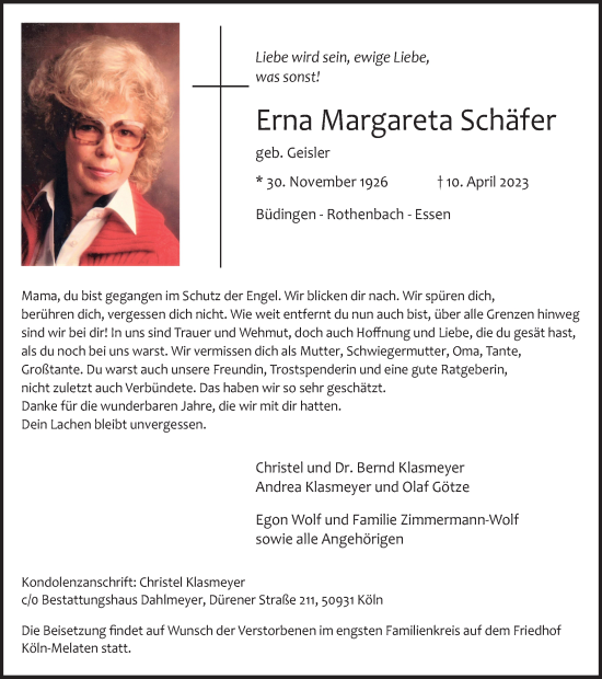 Traueranzeige von Erna Margareta Schäfer von Tageszeitung